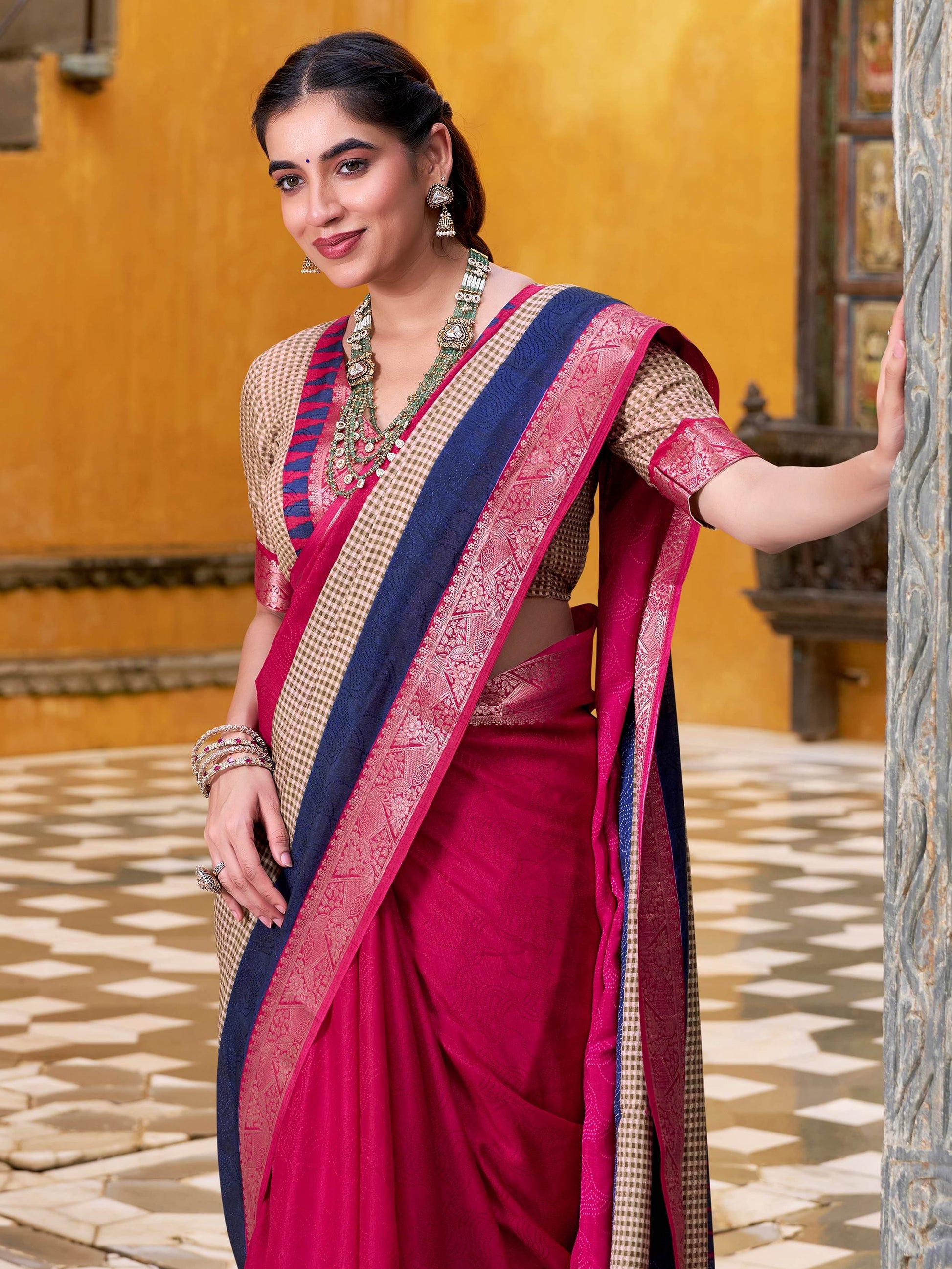 Classy Pink Zari Weaving Cotton Traditional Saree With Blouse