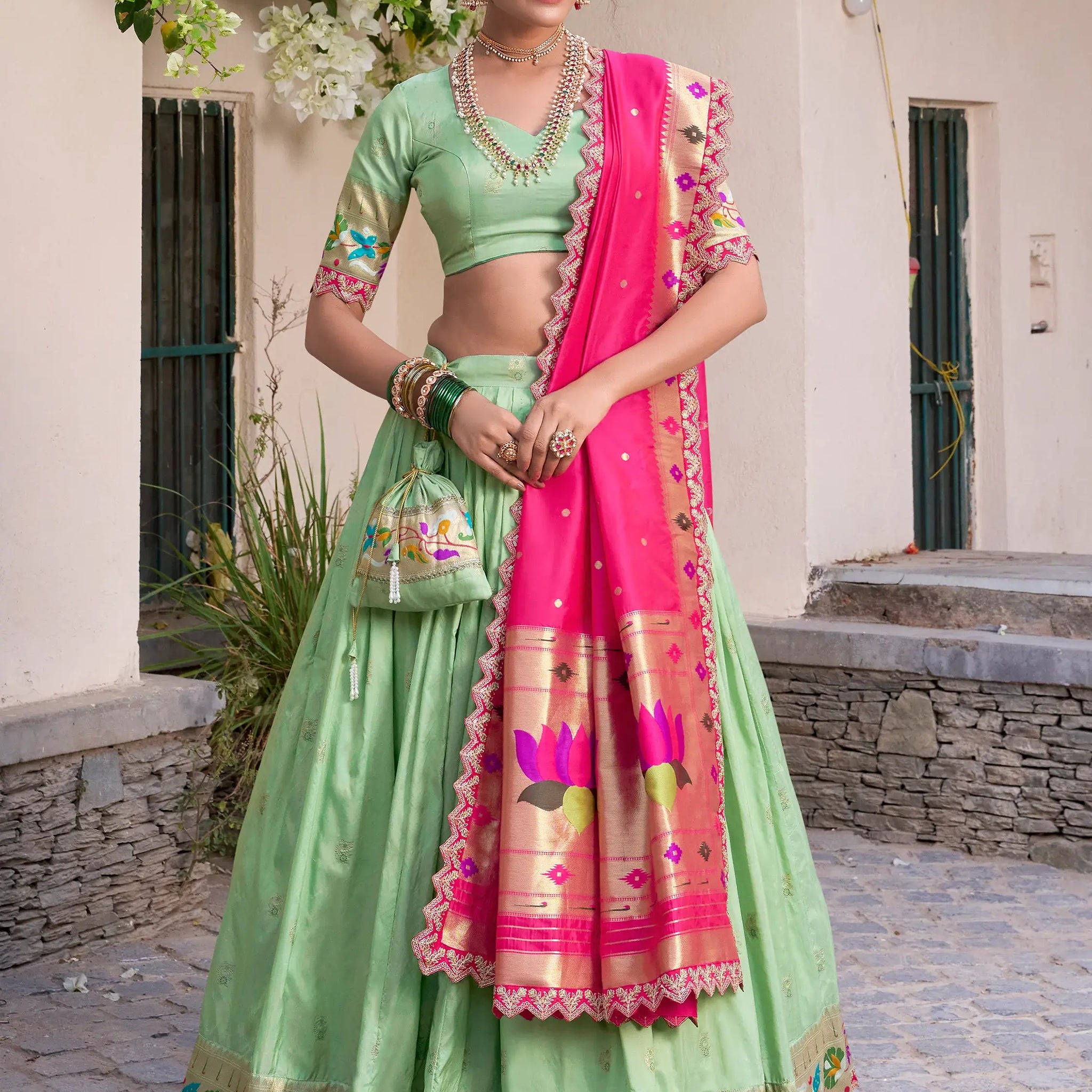 Classy Pista Green Zari Weaving Silk Festival Wear Lehenga Choli - Zeel Clothing
