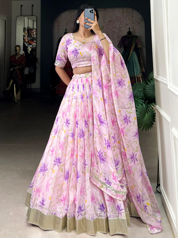 Classy Purple Floral Printed Silk Evening Wear Lehenga Choli With Dupatta