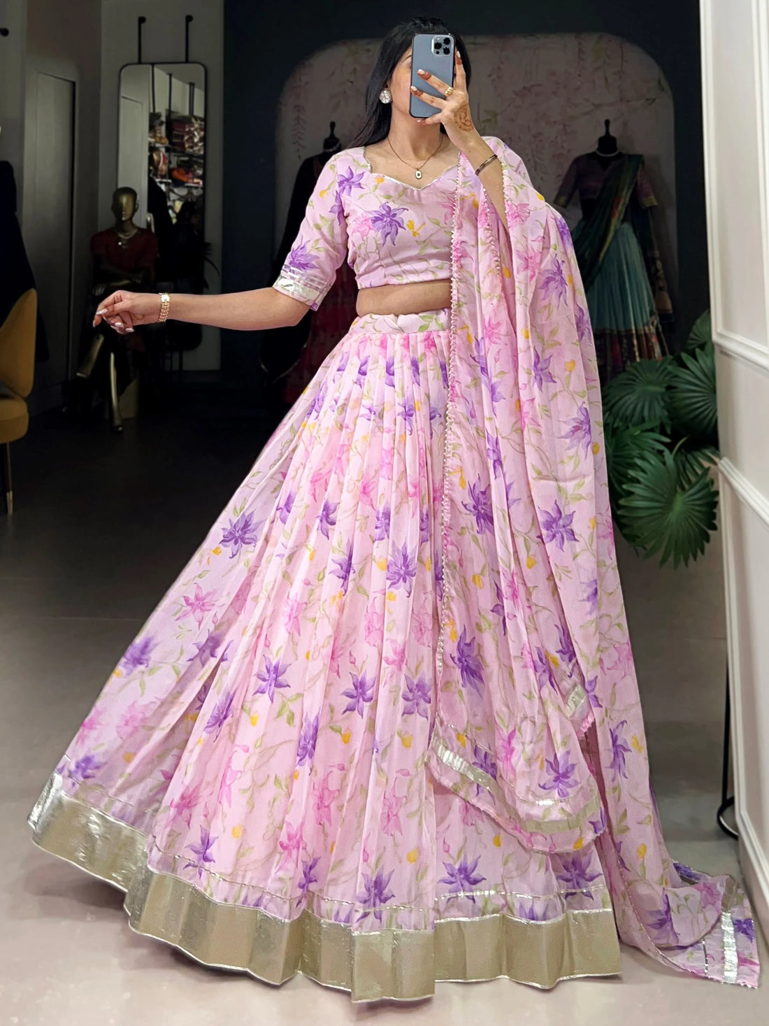Classy Purple Floral Printed Silk Evening Wear Lehenga Choli With Dupatta