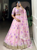 Classy Purple Floral Printed Silk Evening Wear Lehenga Choli With Dupatta