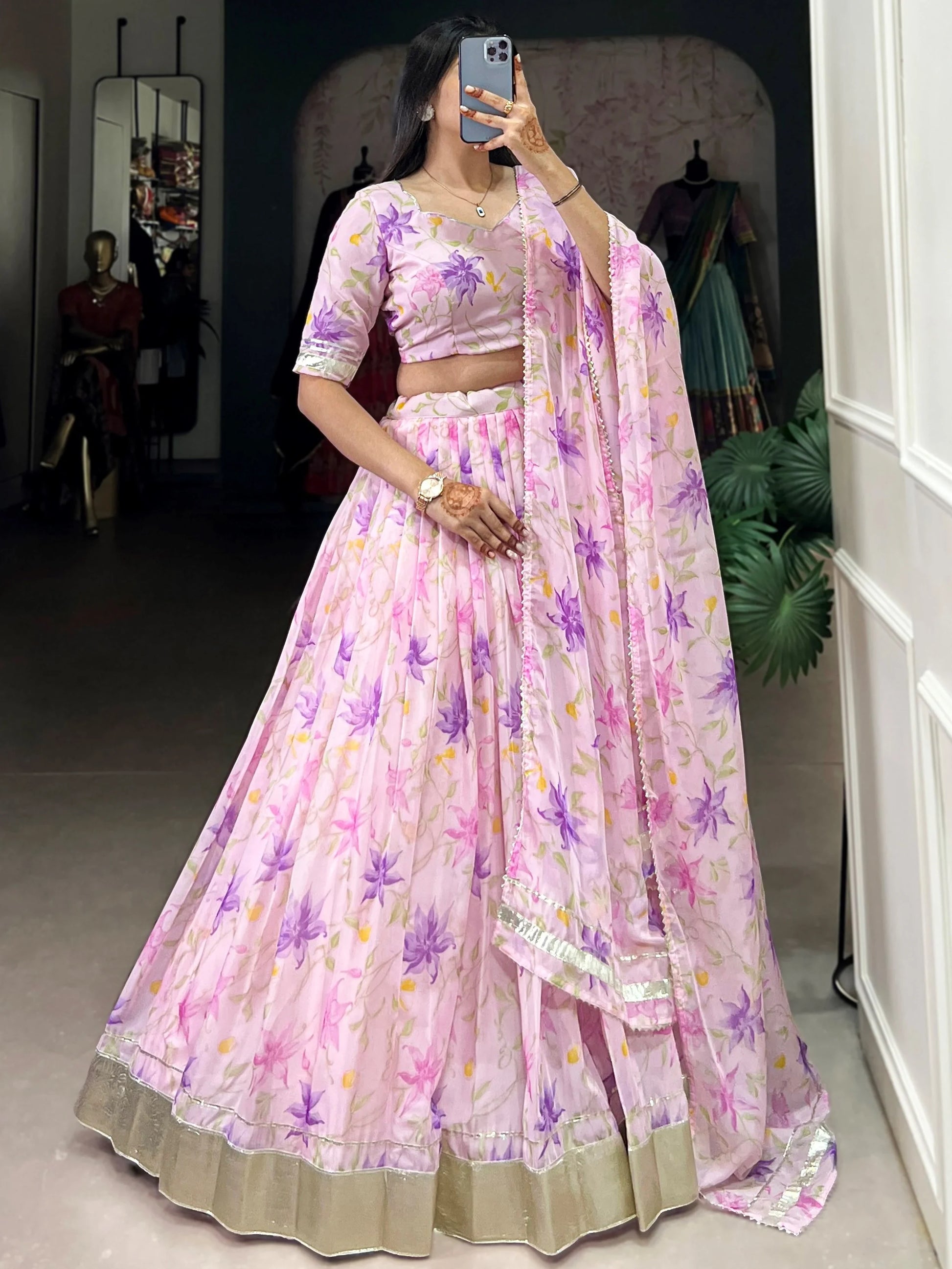 Classy Purple Floral Printed Silk Evening Wear Lehenga Choli With Dupatta