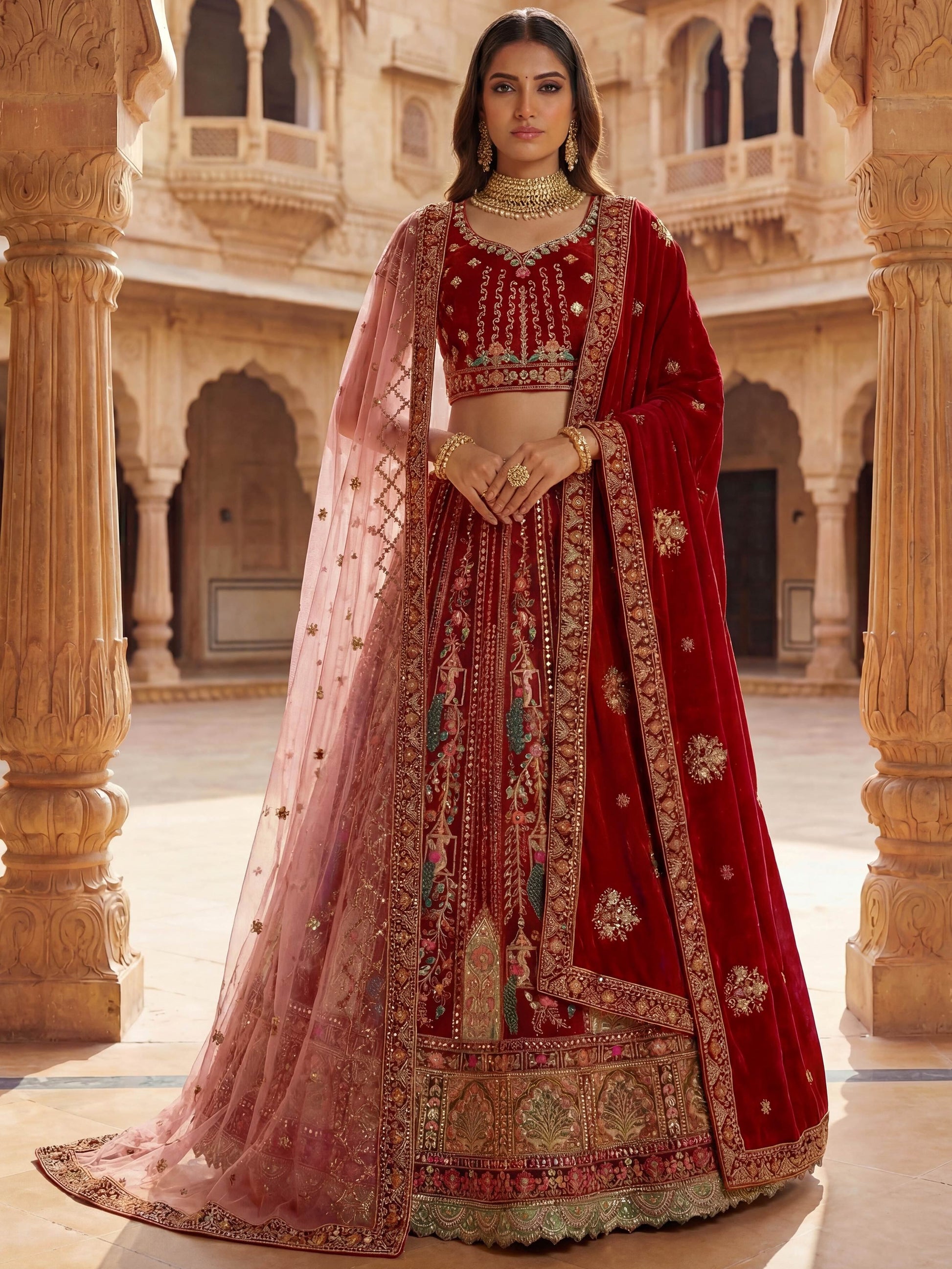 Classy Red Dori Embroidery Velvet Bridal Lehenga Choli With Double Dupatta