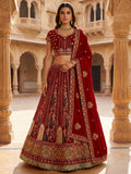 Classy Red Dori Embroidery Velvet Bridal Lehenga Choli With Double Dupatta