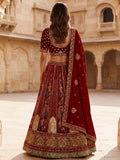 Classy Red Dori Embroidery Velvet Bridal Lehenga Choli With Double Dupatta