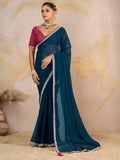 Classy Teal Blue Sequins Border Work Georgette Designer Saree With Blouse