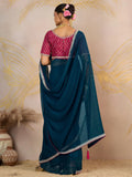 Classy Teal Blue Sequins Border Work Georgette Designer Saree With Blouse