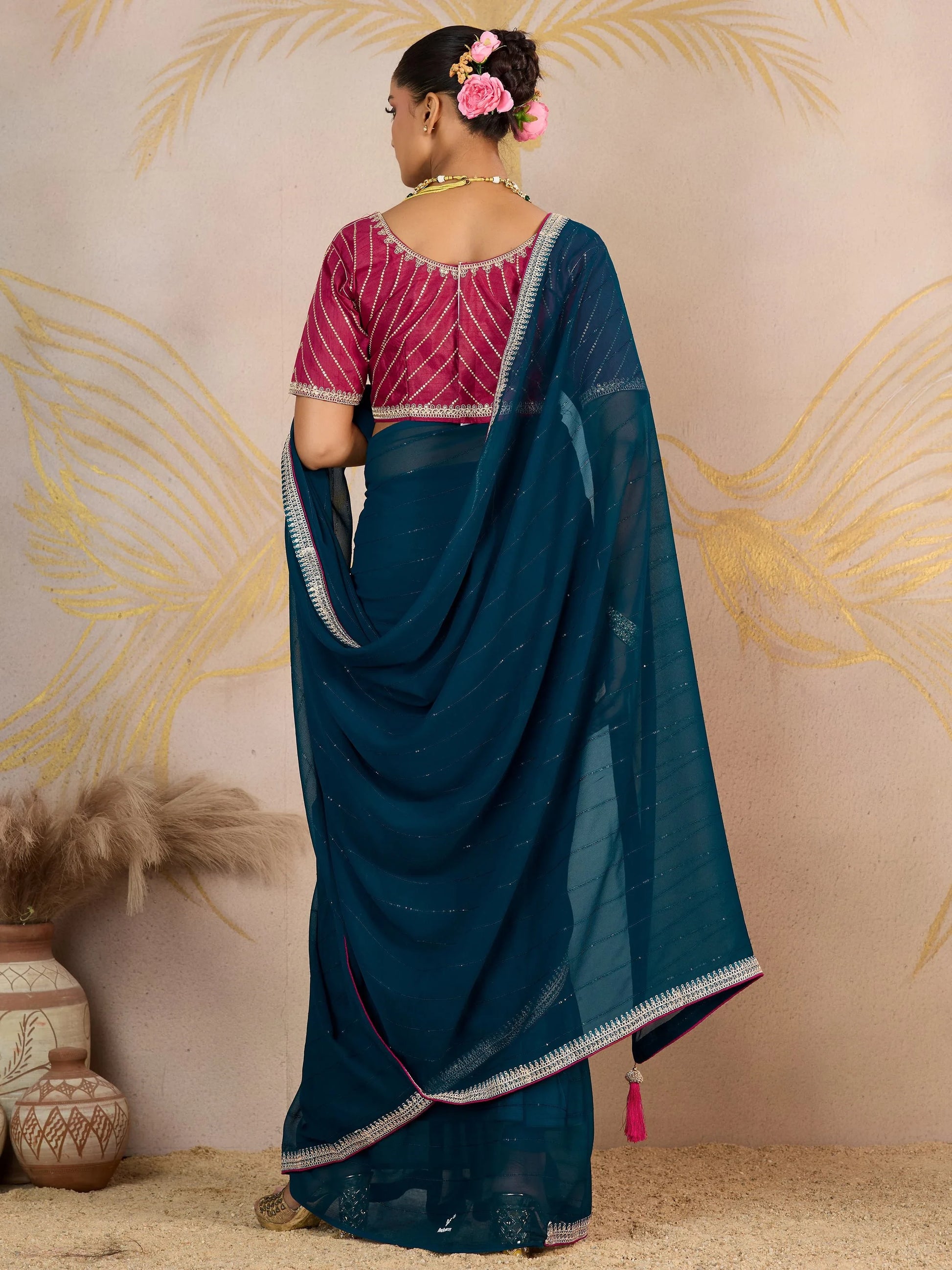 Classy Teal Blue Sequins Border Work Georgette Designer Saree With Blouse