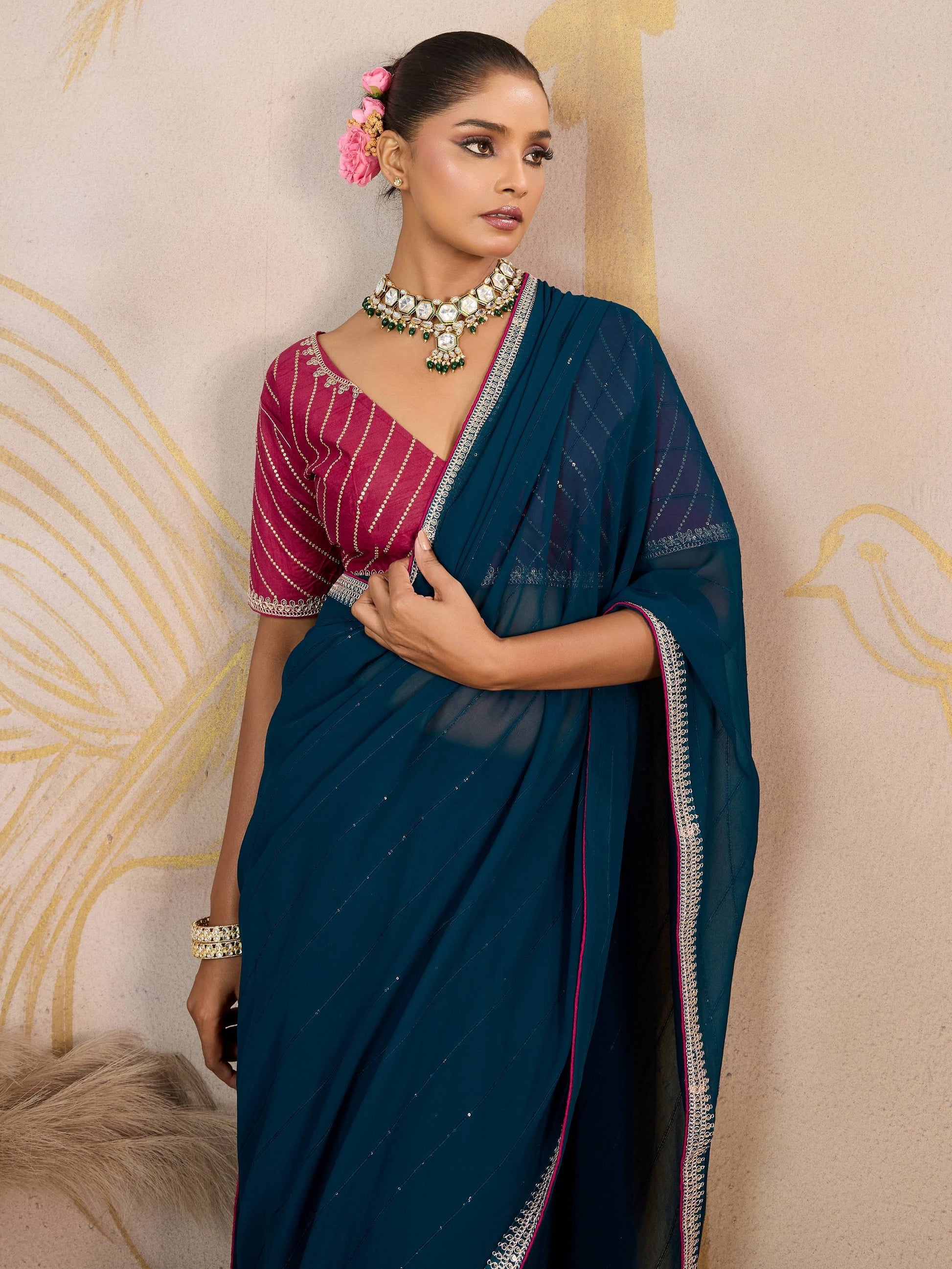 Classy Teal Blue Sequins Border Work Georgette Designer Saree With Blouse
