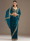 Classy Teal Blue Sequins Tissue Reception Wear Saree With Blouse
