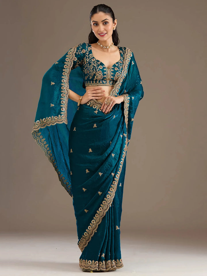Classy Teal Blue Sequins Tissue Reception Wear Saree With Blouse