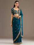 Classy Teal Blue Sequins Tissue Reception Wear Saree With Blouse