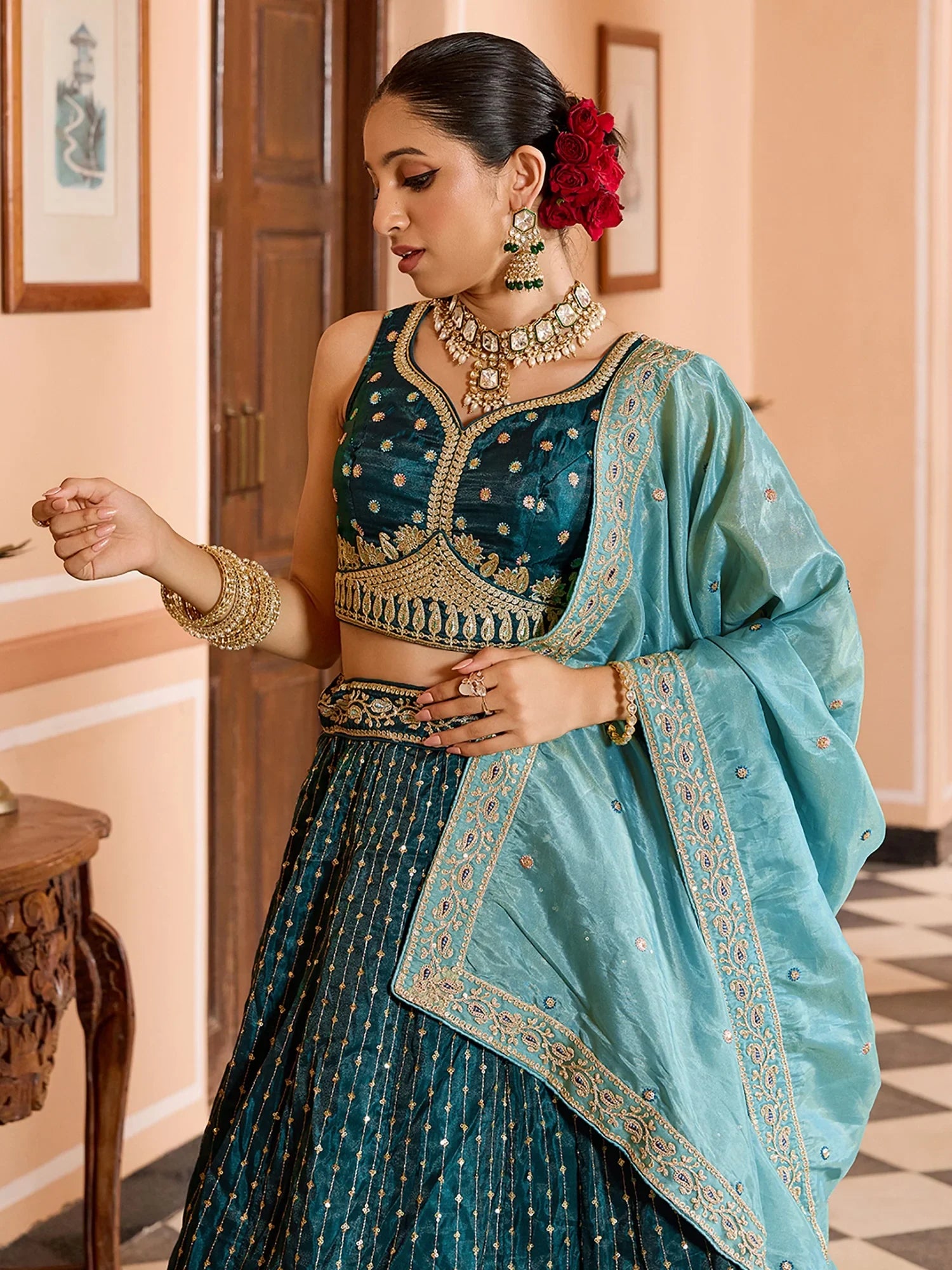 Classy Teal Green Embroidered Tissue Mehendi Wear Lehenga Choli With Dupatta