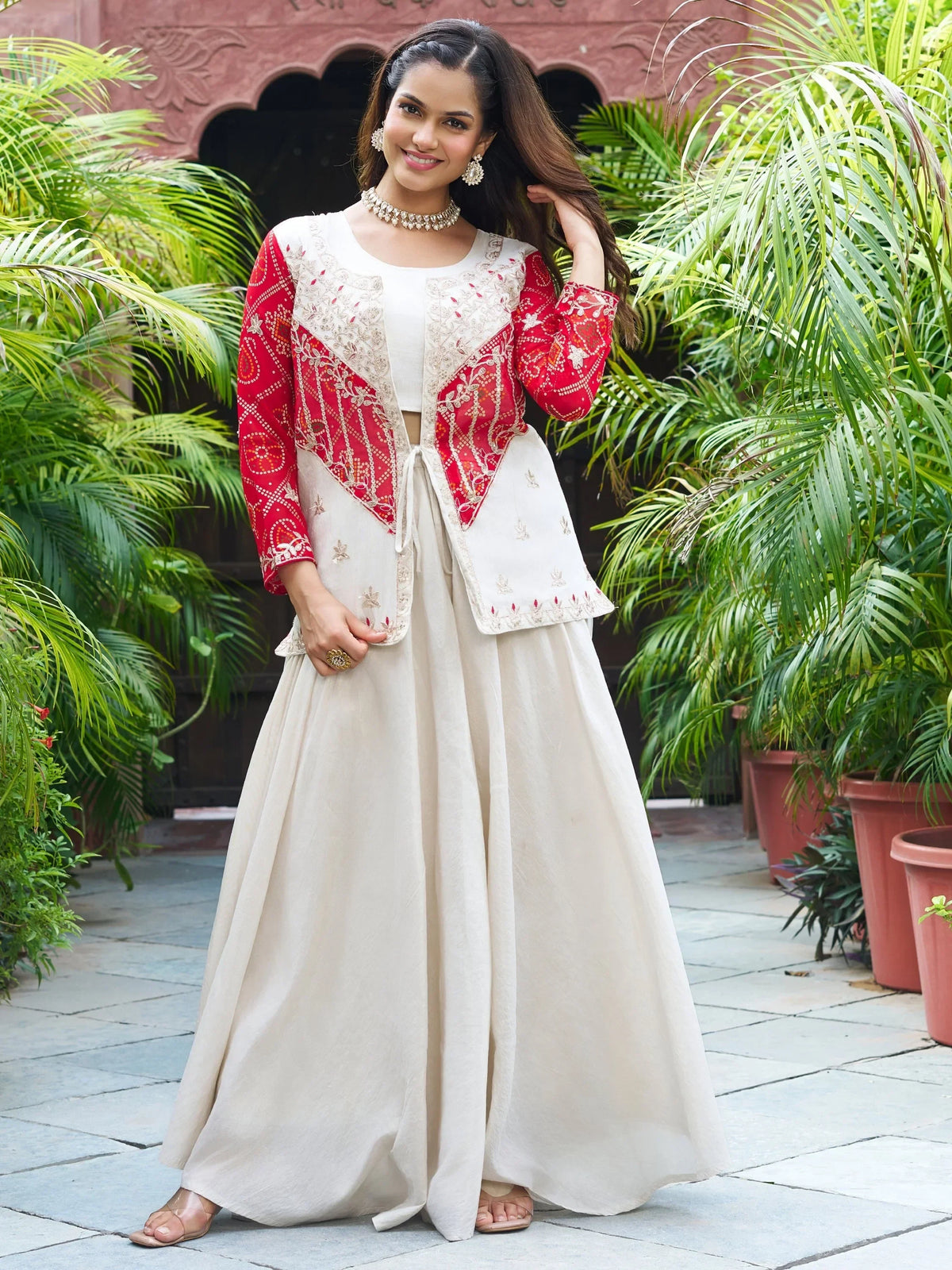 Contemporary Beige Organza Festive Wear Palazzo Suit With Embroidered Jacket - Zeel Clothing