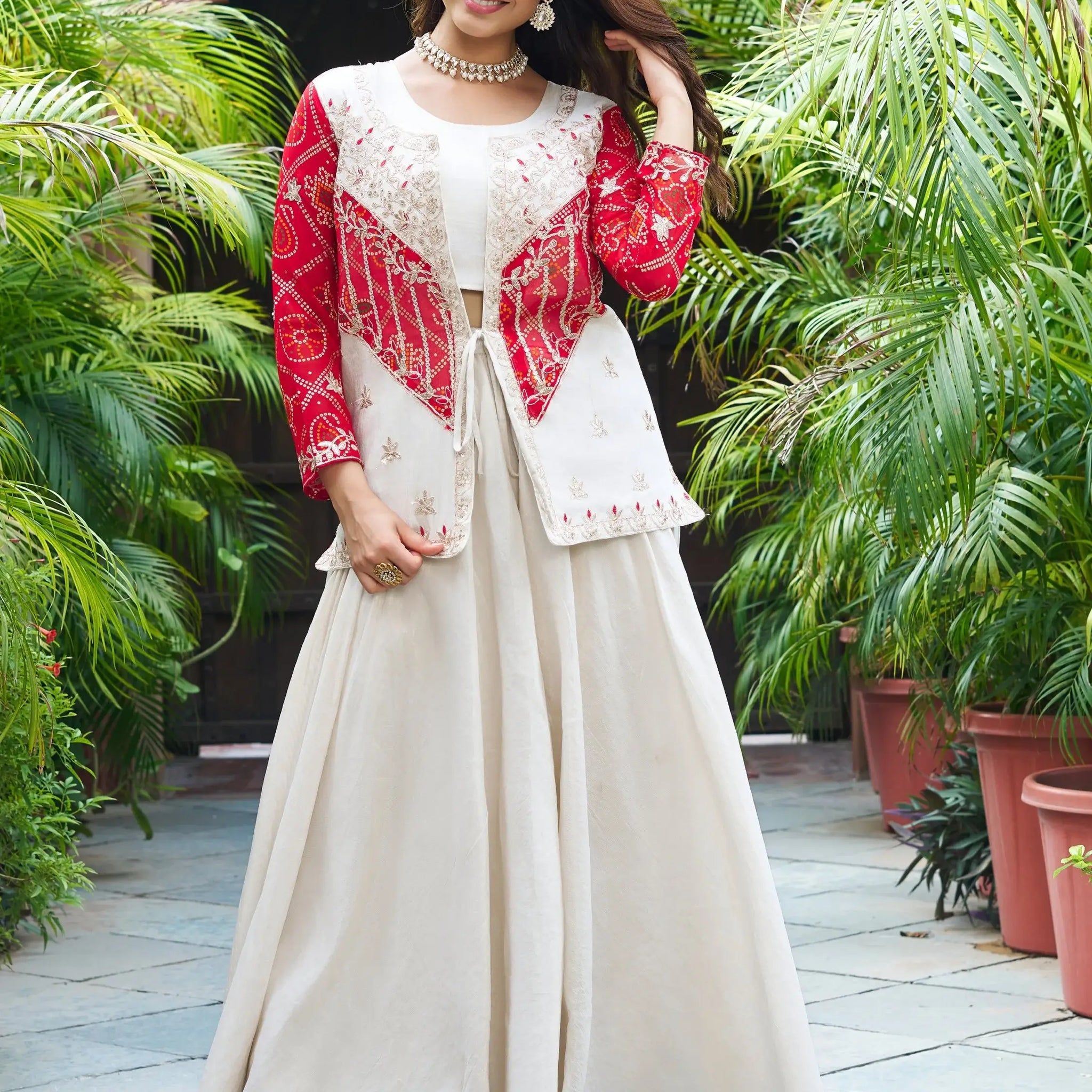 Contemporary Beige Organza Festive Wear Palazzo Suit With Embroidered Jacket - Zeel Clothing
