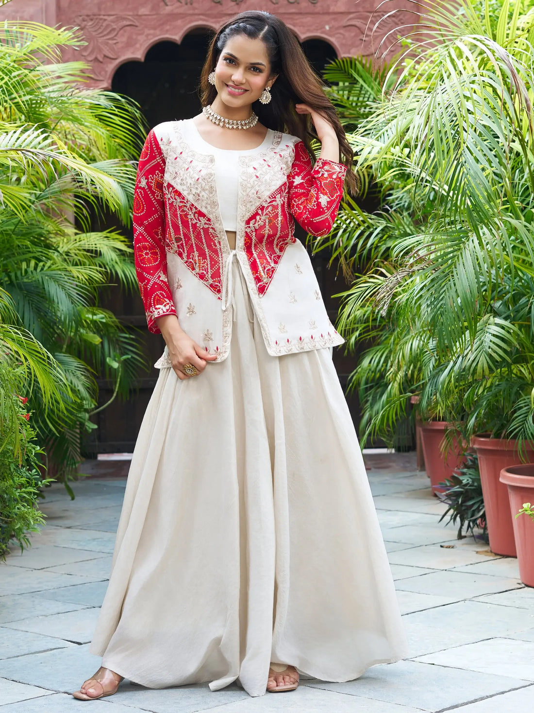 Contemporary Beige Organza Festive Wear Palazzo Suit With Embroidered Jacket - Zeel Clothing