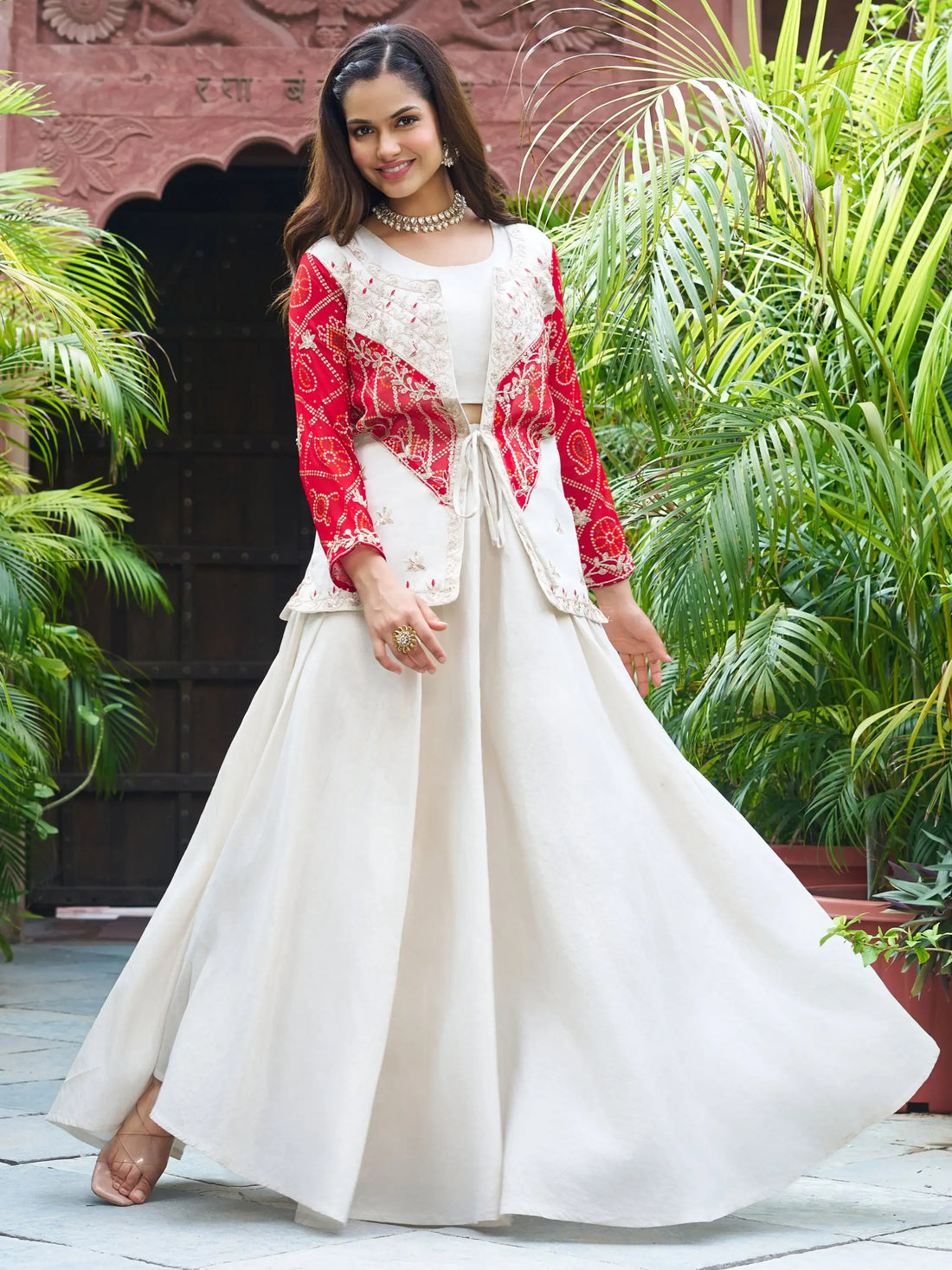 Contemporary Beige Organza Festive Wear Palazzo Suit With Embroidered Jacket - Zeel Clothing