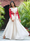 Contemporary Beige Organza Festive Wear Palazzo Suit With Embroidered Jacket - Zeel Clothing