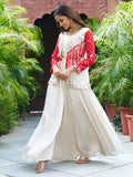 Contemporary Beige Organza Festive Wear Palazzo Suit With Embroidered Jacket - Zeel Clothing
