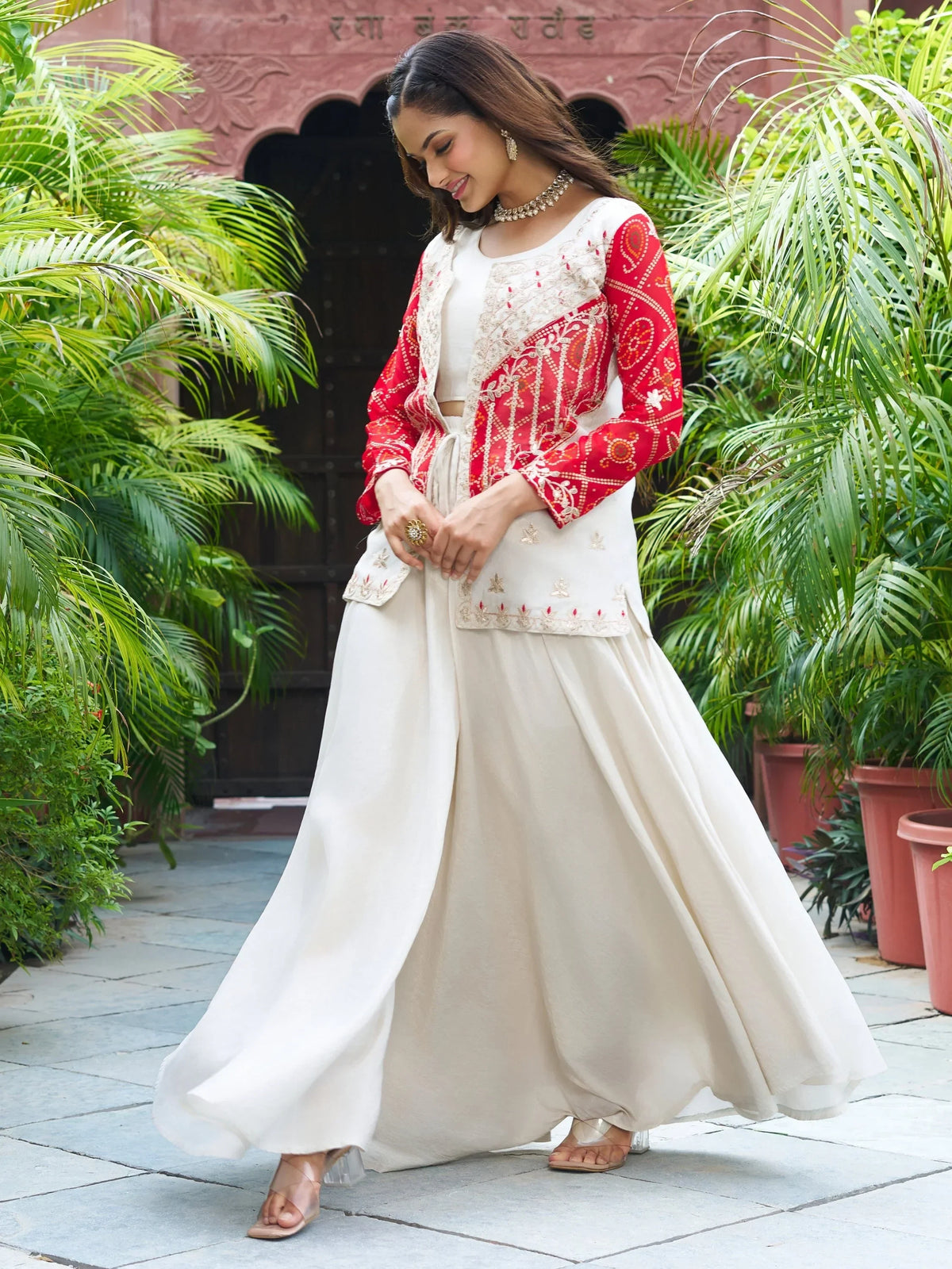 Contemporary Beige Organza Festive Wear Palazzo Suit With Embroidered Jacket - Zeel Clothing