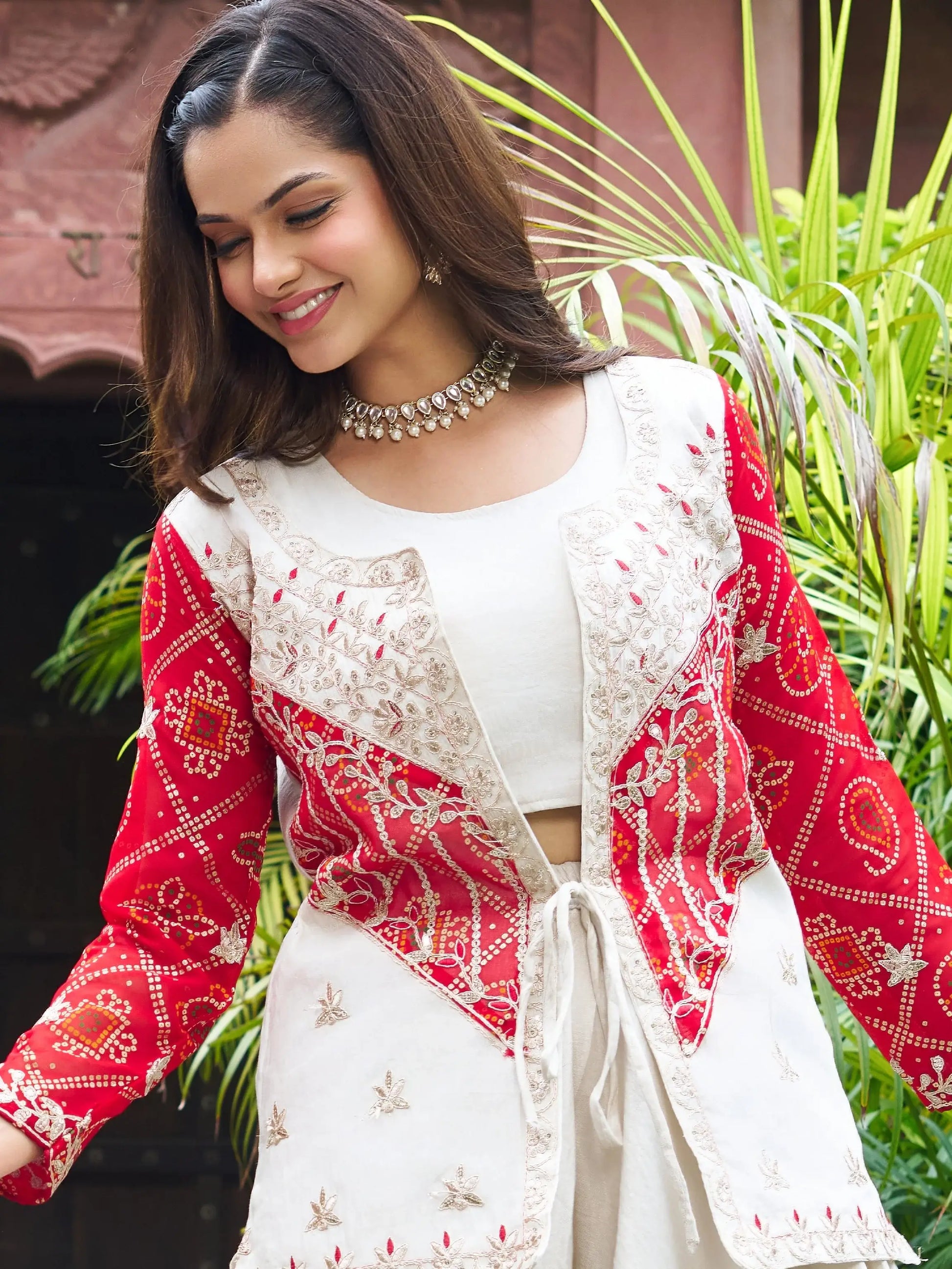 Contemporary Beige Organza Festive Wear Palazzo Suit With Embroidered Jacket - Zeel Clothing
