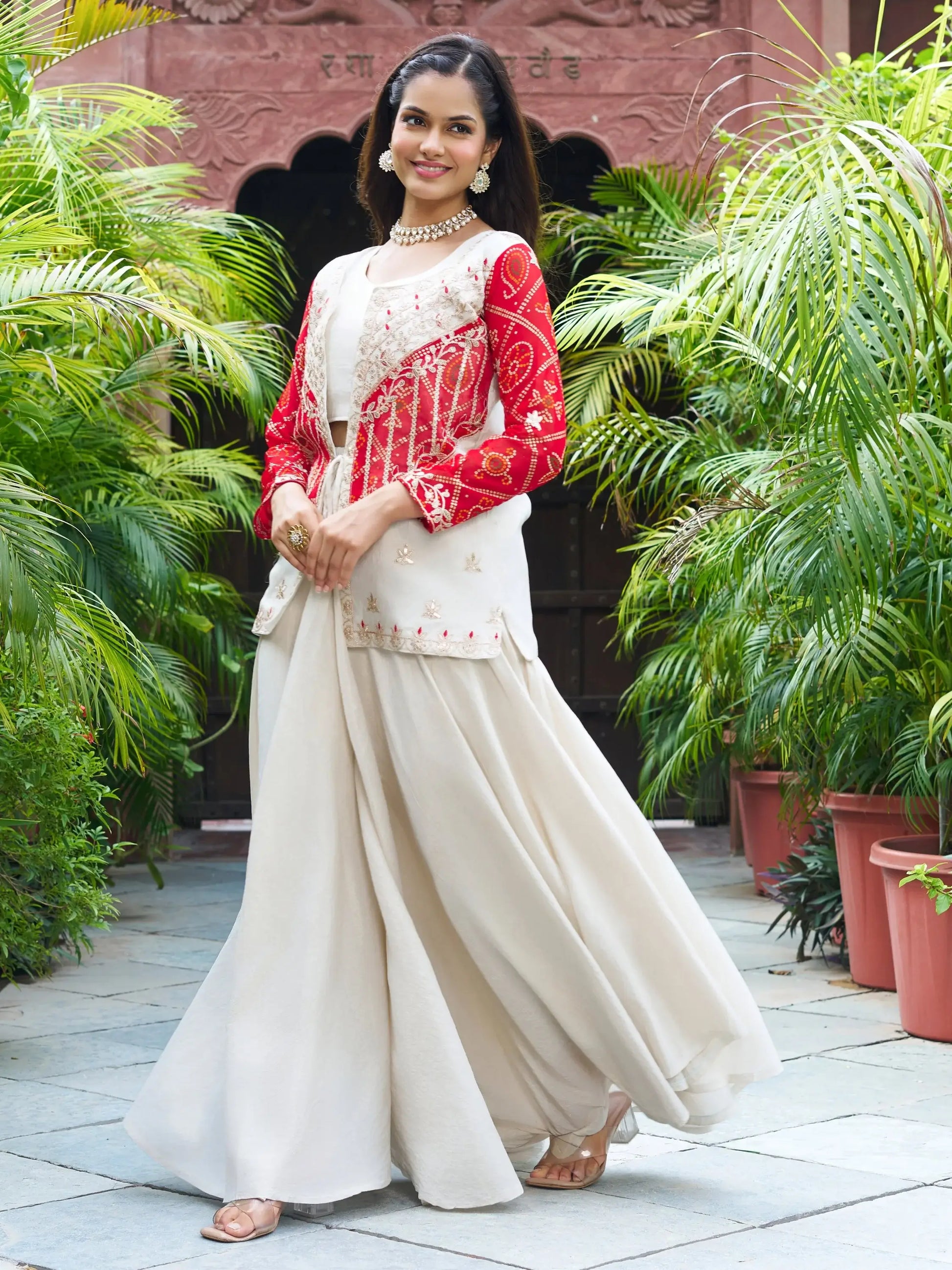 Contemporary Beige Organza Festive Wear Palazzo Suit With Embroidered Jacket - Zeel Clothing