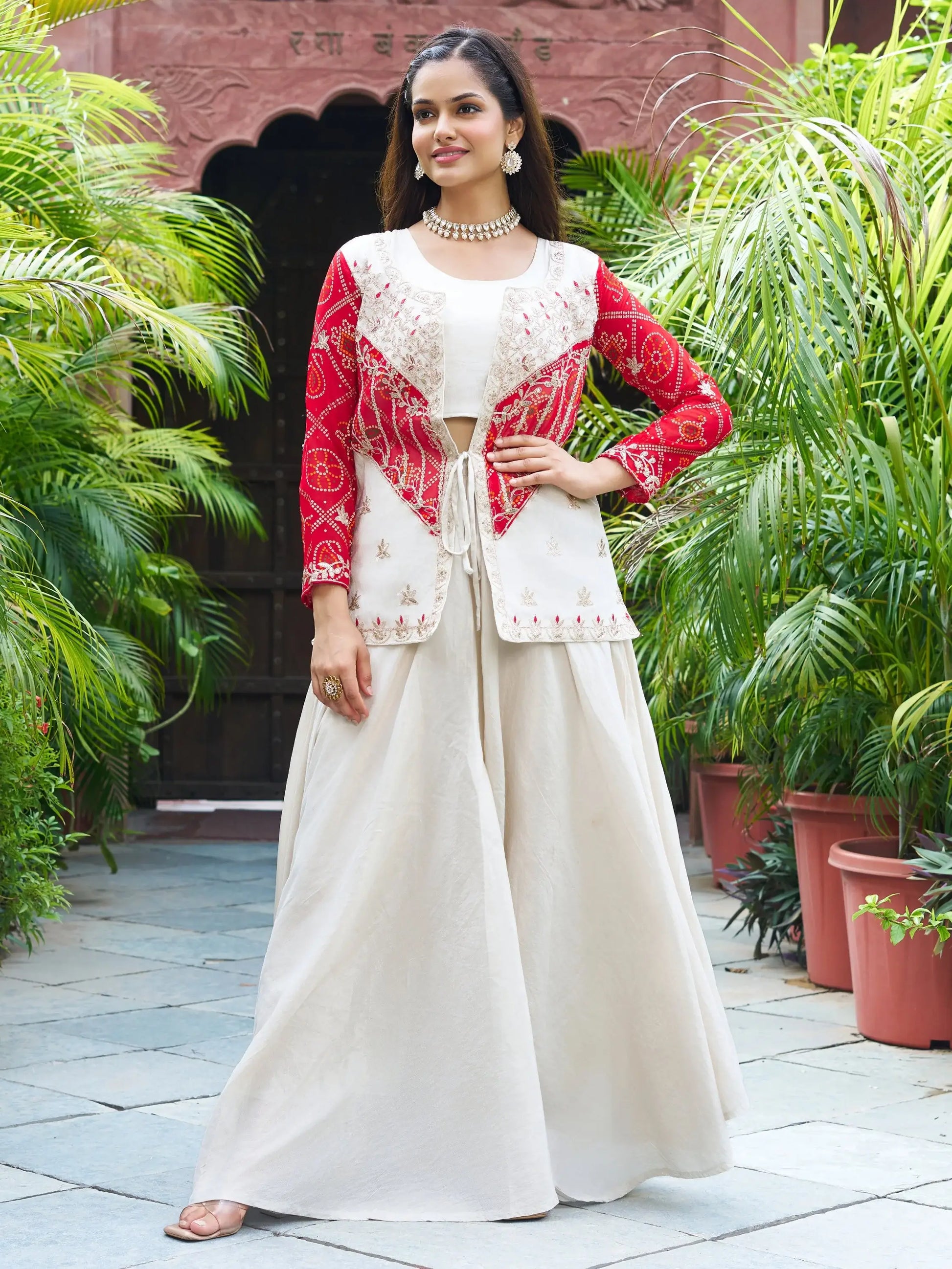 Contemporary Beige Organza Festive Wear Palazzo Suit With Embroidered Jacket - Zeel Clothing