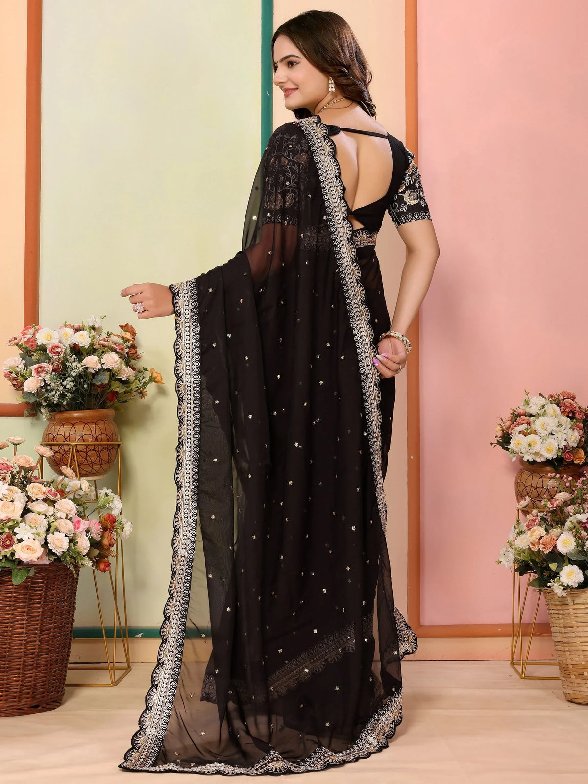Contemporary Black Thread Embroidery Organza Evening Wear Saree - Zeel Clothing