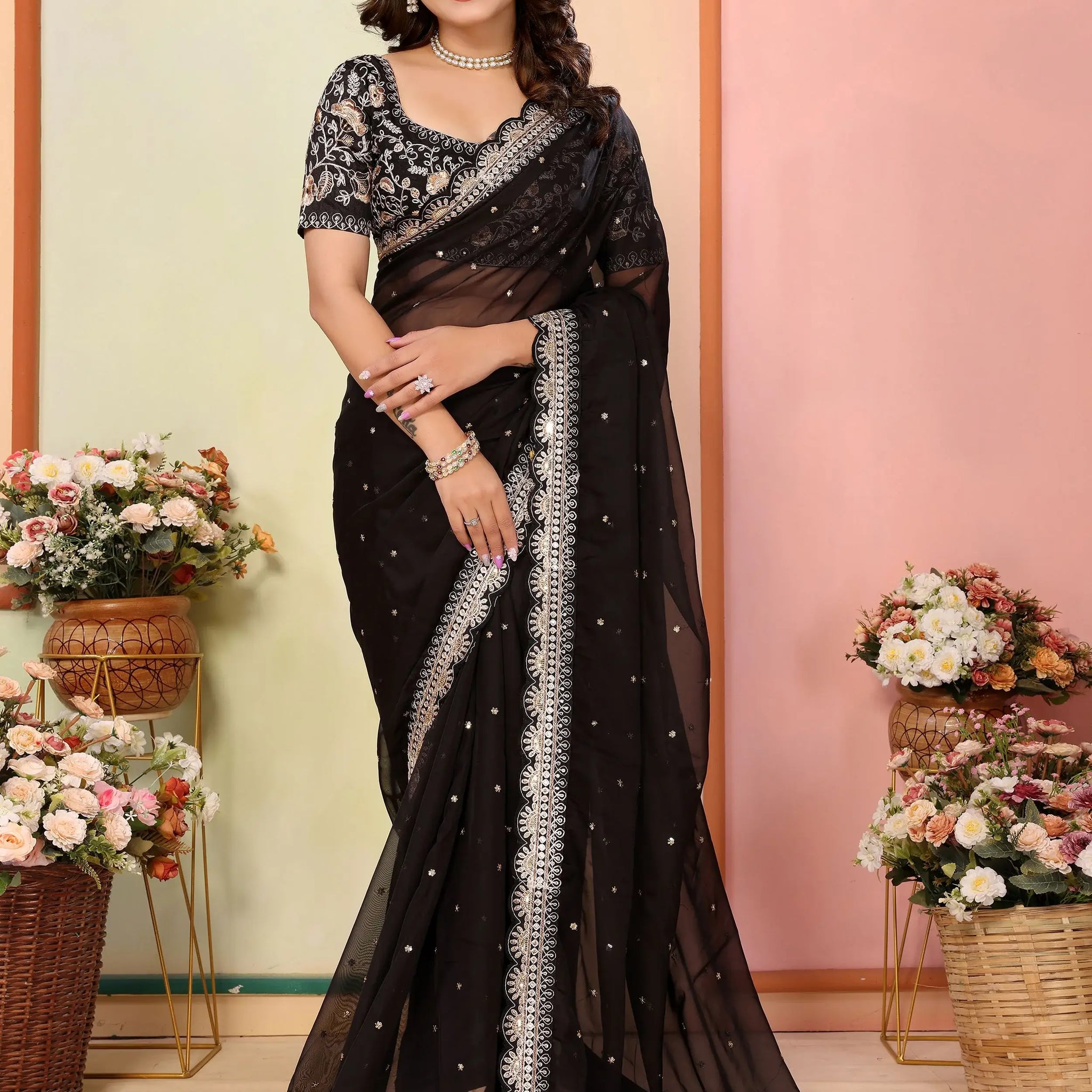 Contemporary Black Thread Embroidery Organza Evening Wear Saree - Zeel Clothing