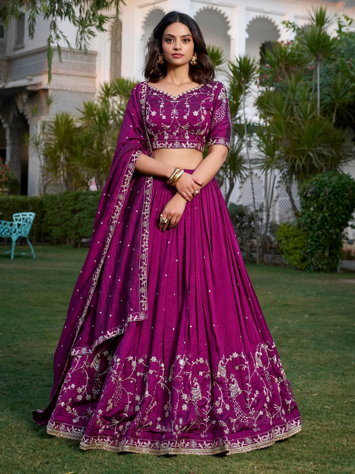 Contemporary Wine Sequins Vichitra Silk Wedding Wear Lehenga With Blouse - Zeel Clothing