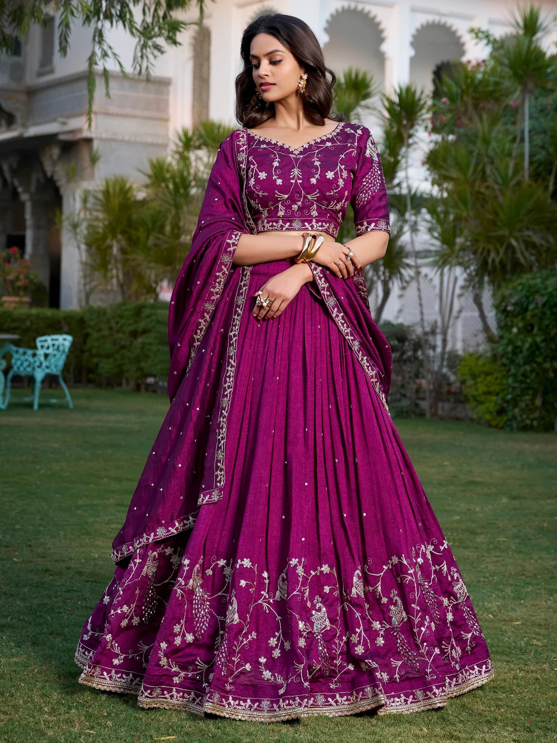 Contemporary Wine Sequins Vichitra Silk Wedding Wear Lehenga With Blouse - Zeel Clothing