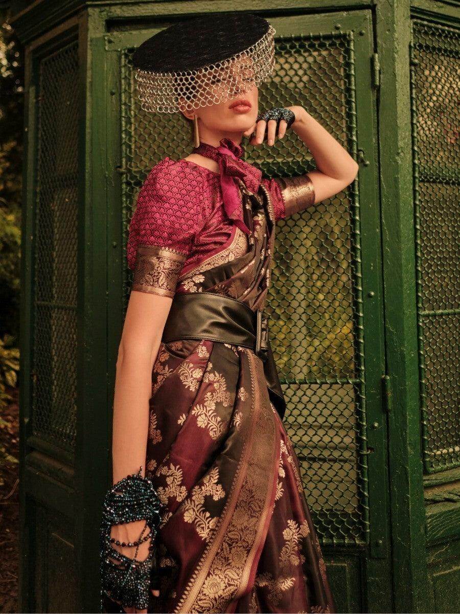 Conveying Dark Wine Zari Weaving Satin Wedding Wear Saree With Blouse - Zeel Clothing