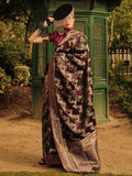 Conveying Dark Wine Zari Weaving Satin Wedding Wear Saree With Blouse - Zeel Clothing