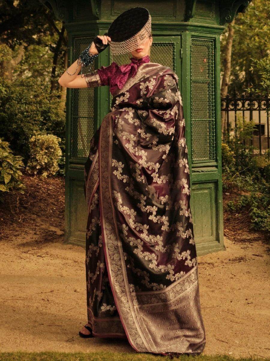 Conveying Dark Wine Zari Weaving Satin Wedding Wear Saree With Blouse - Zeel Clothing