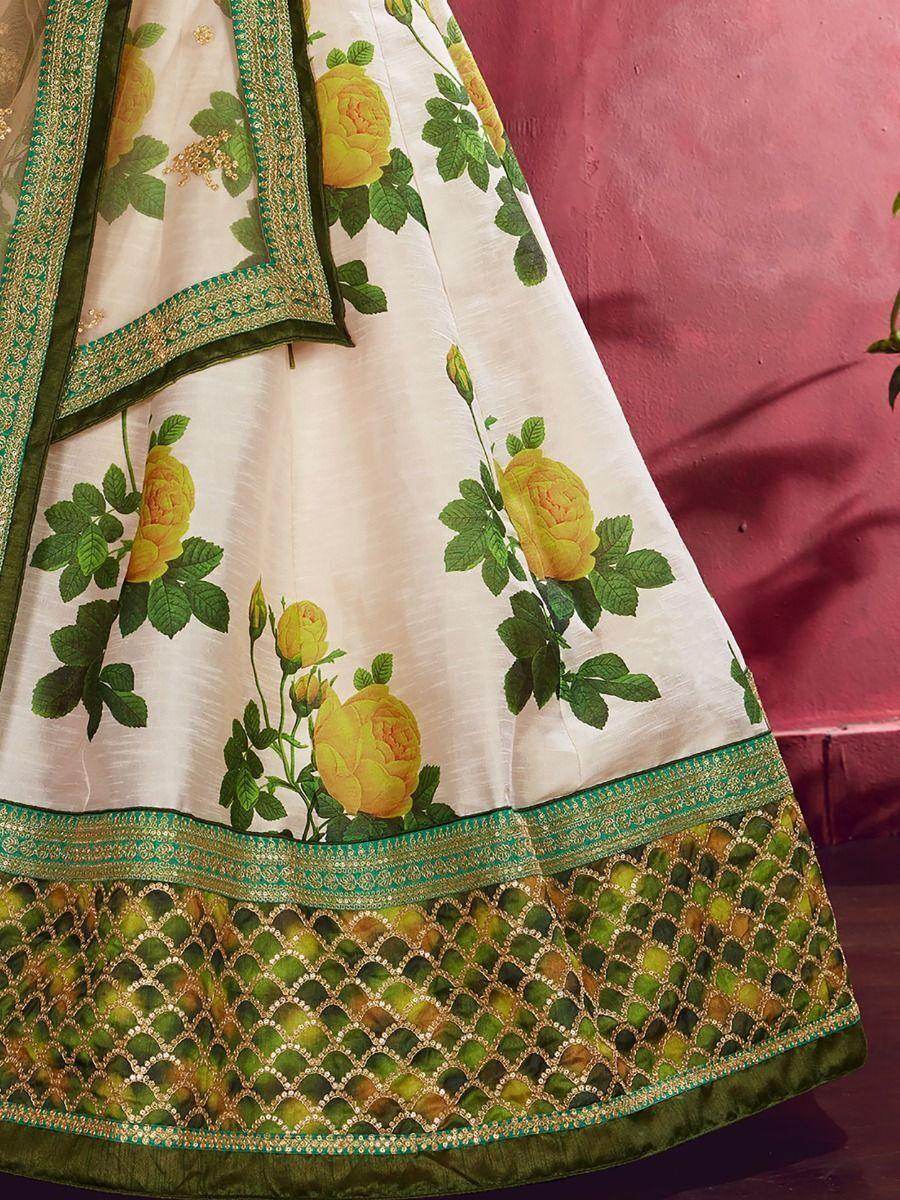 Cream-Green Floral Print Banglori Silk Wedding Wear Lehenga Choli - Zeel Clothing