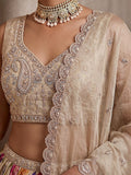Glamorous Cream Embroidered Tissue Wedding Wear Lehenga Choli With Dupatta