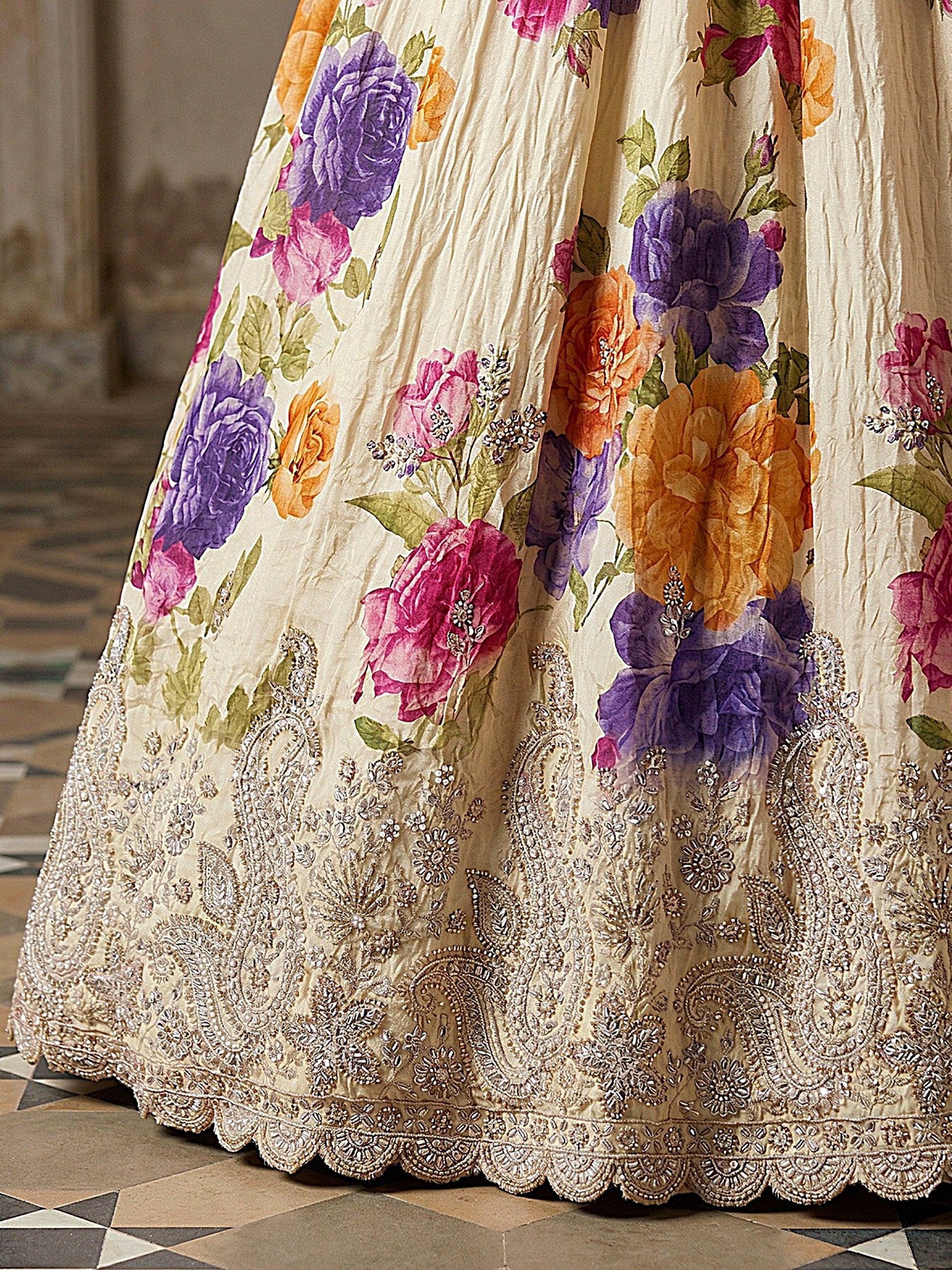 Glamorous Cream Embroidered Tissue Wedding Wear Lehenga Choli With Dupatta