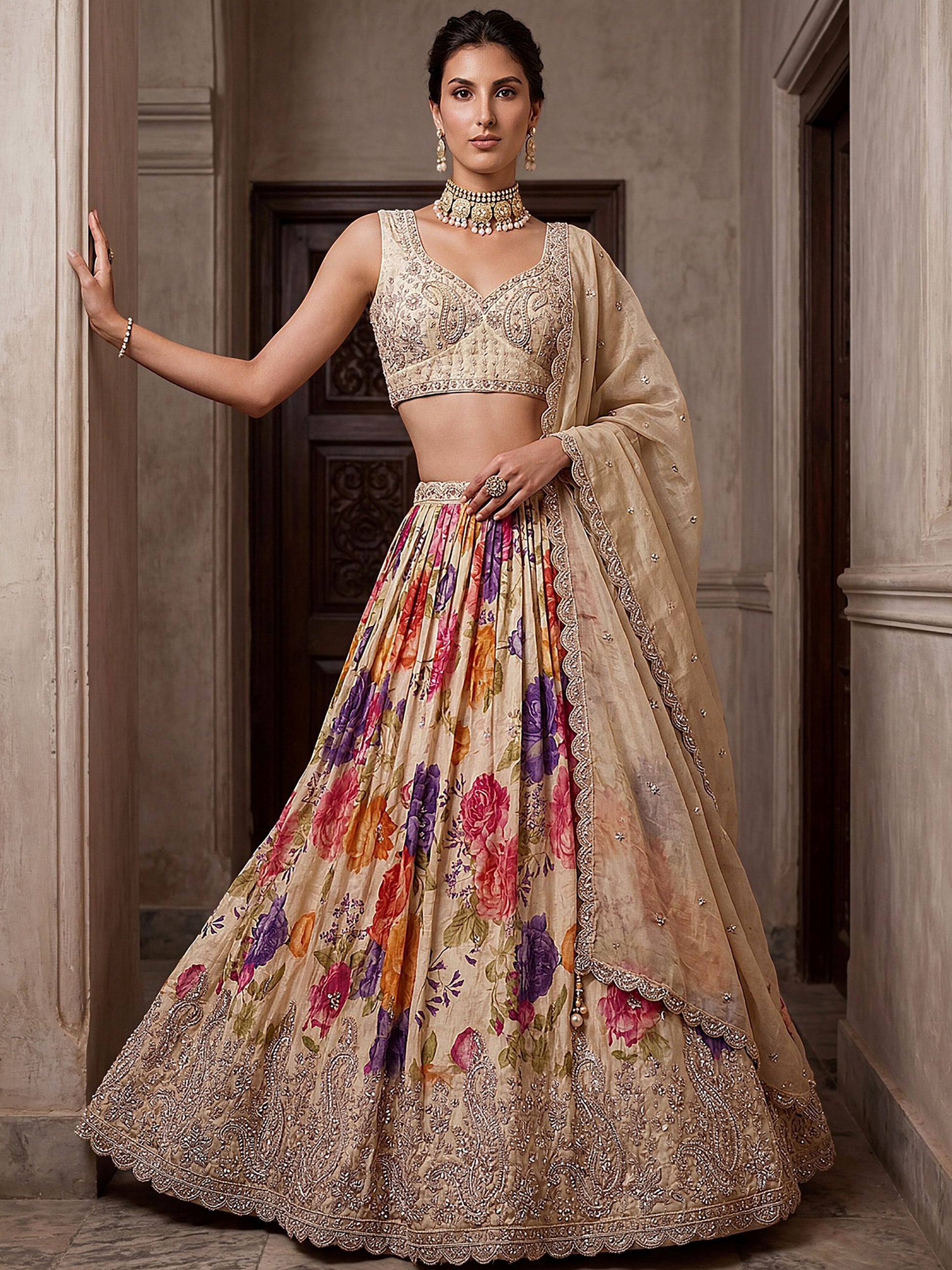 Glamorous Cream Embroidered Tissue Wedding Wear Lehenga Choli With Dupatta
