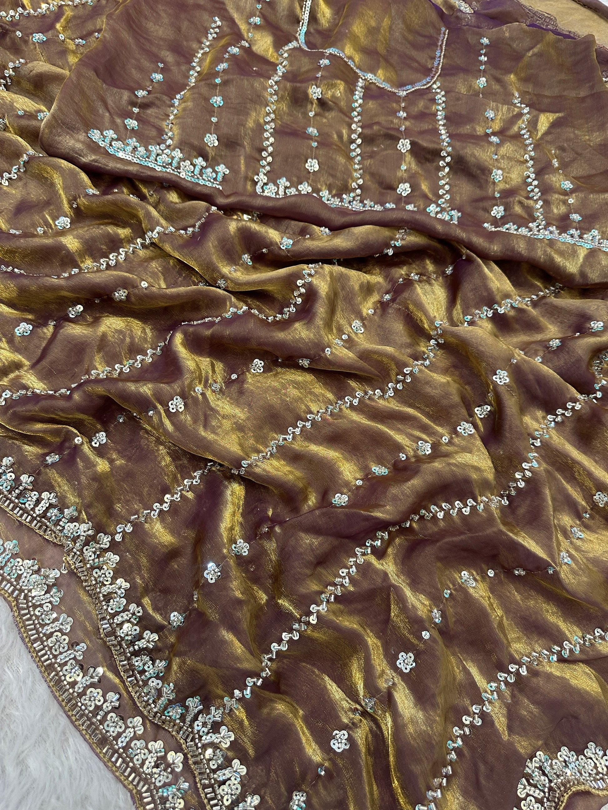 Astonishing Beige Sequins Satin Wedding Wear Saree With Blouse