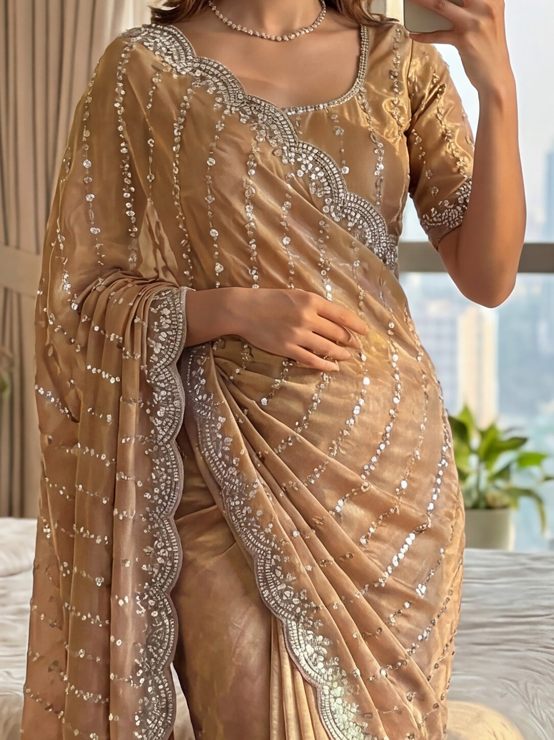 Astonishing Beige Sequins Satin Wedding Wear Saree With Blouse