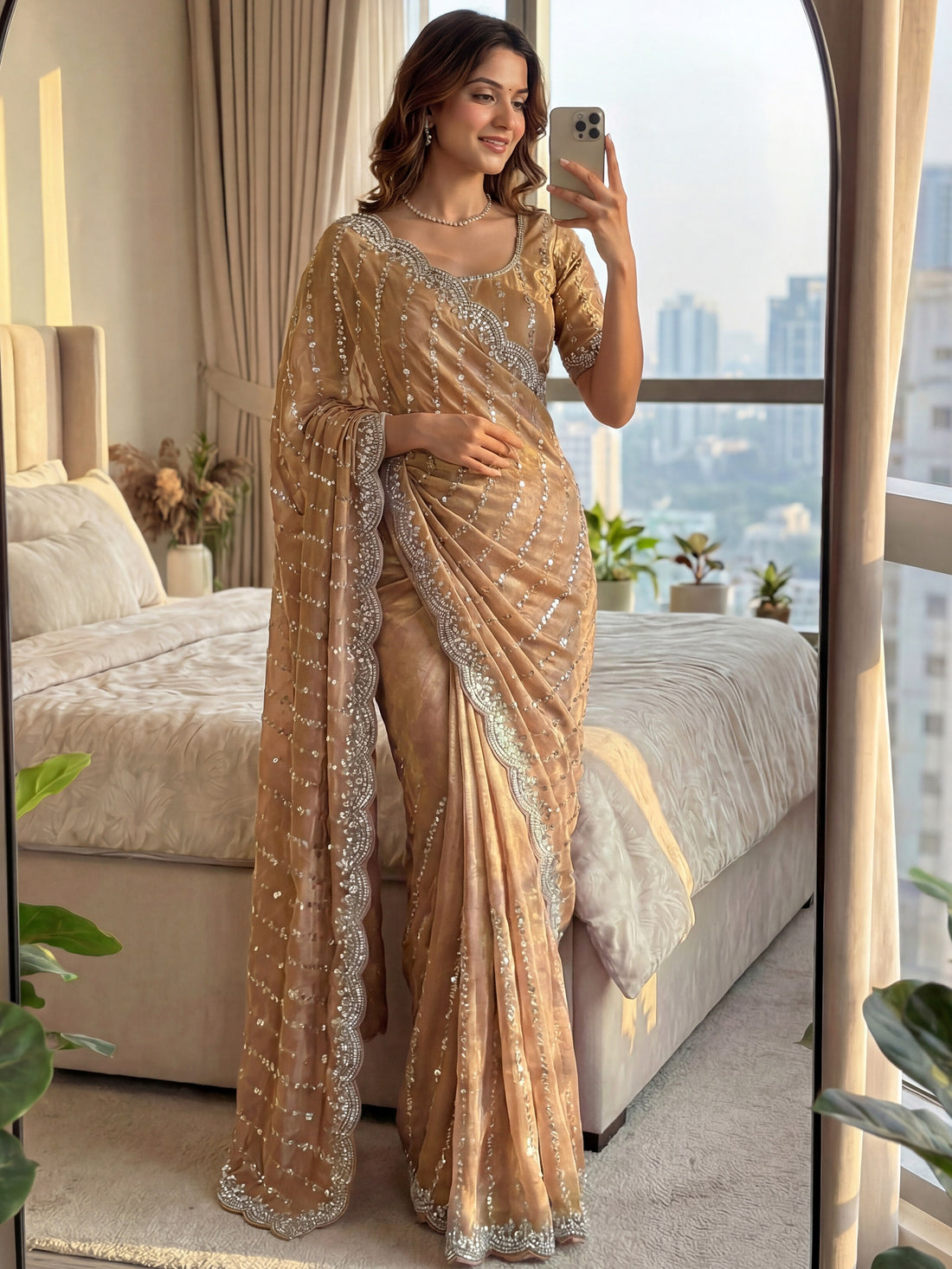 Astonishing Beige Sequins Satin Wedding Wear Saree With Blouse