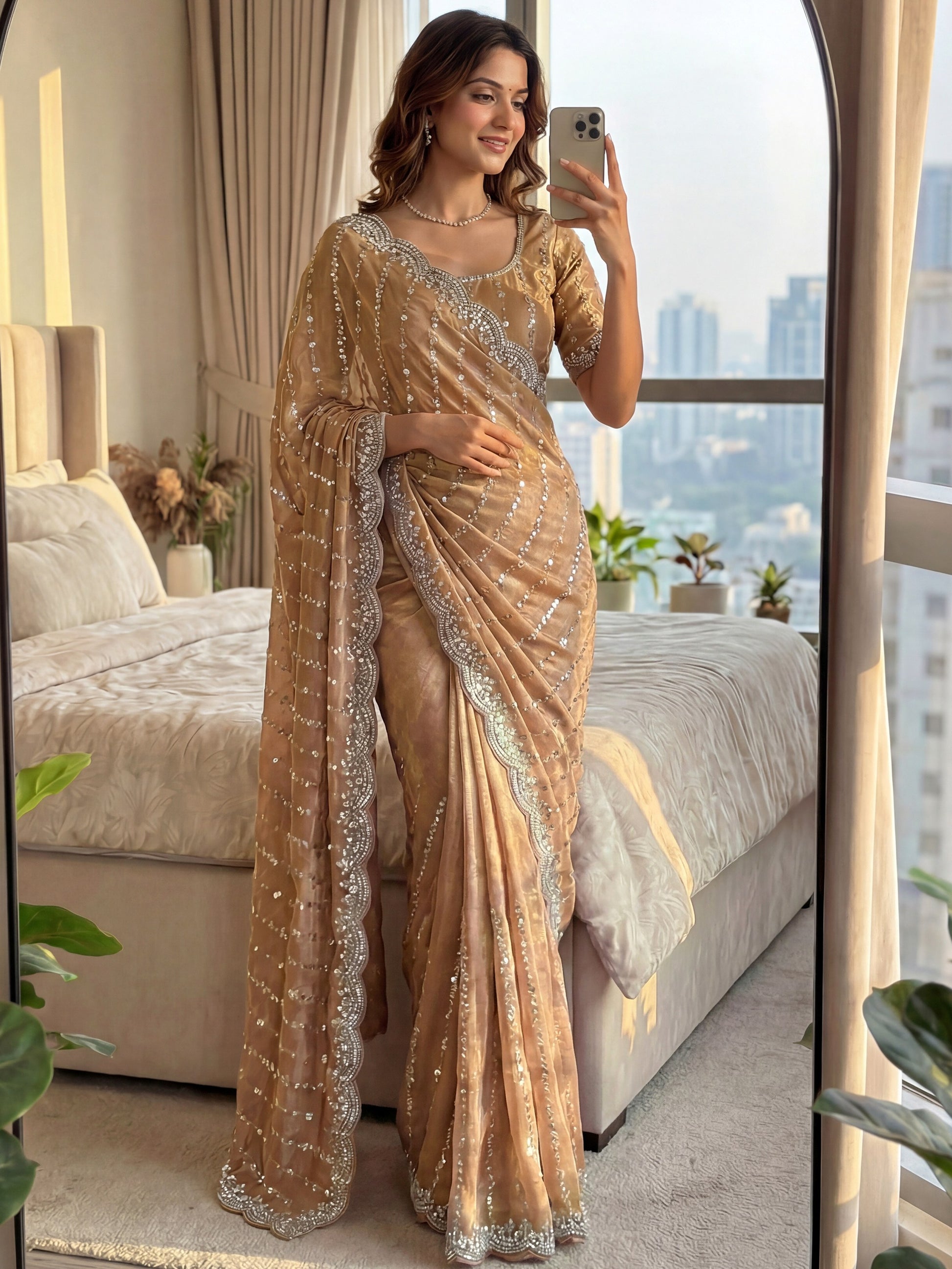 Astonishing Beige Sequins Satin Wedding Wear Saree With Blouse