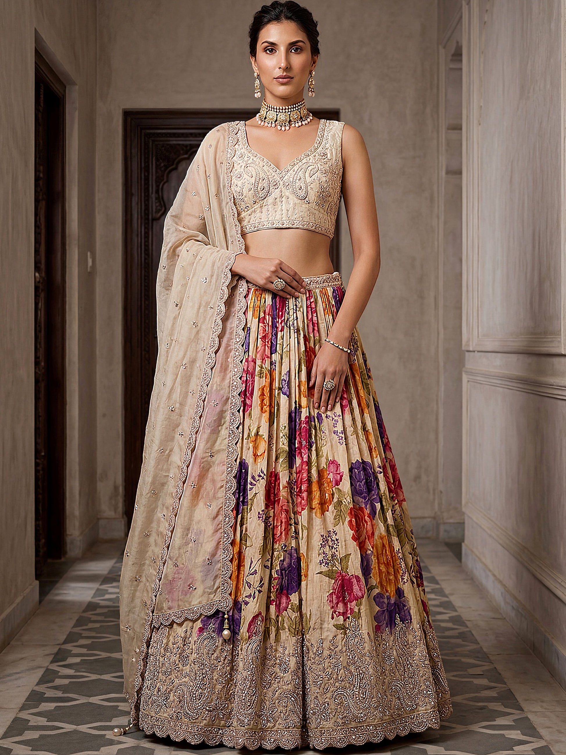 Glamorous Cream Embroidered Tissue Wedding Wear Lehenga Choli With Dupatta