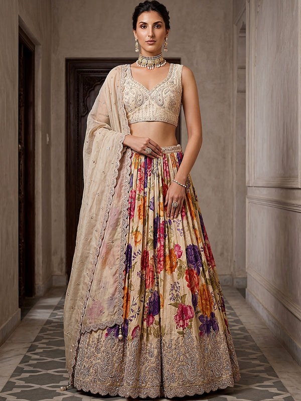 Glamorous Cream Embroidered Tissue Wedding Wear Lehenga Choli With Dupatta