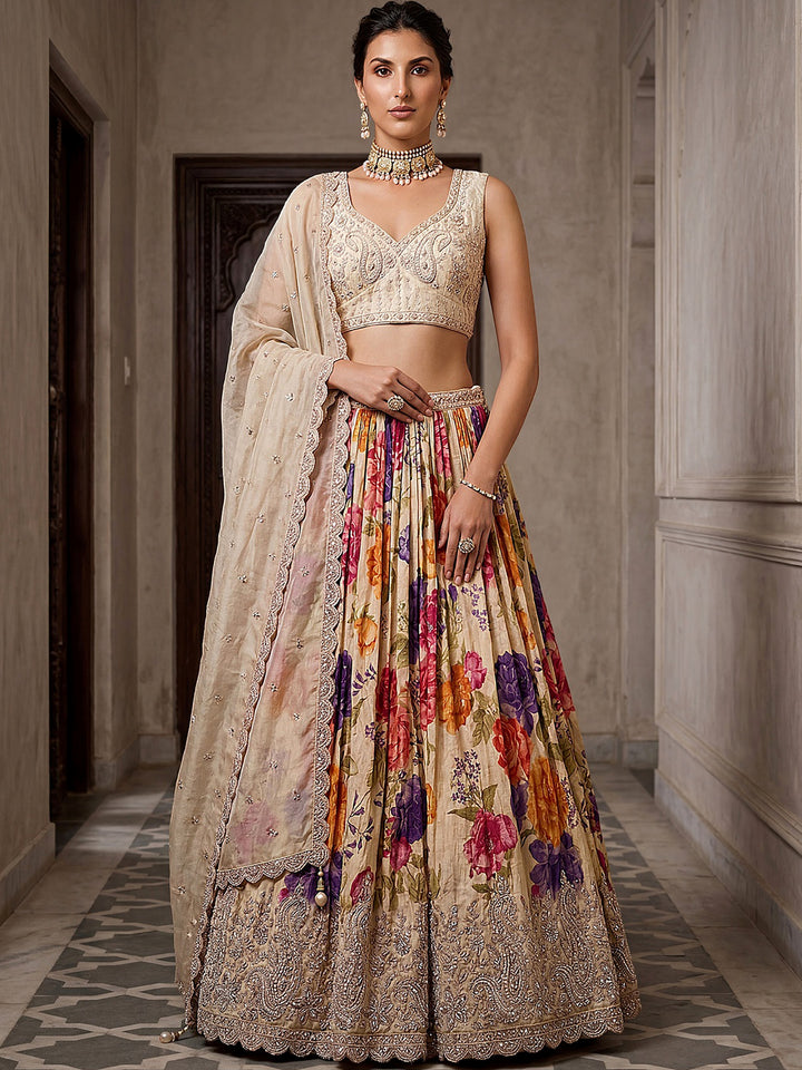 Glamorous Cream Embroidered Tissue Wedding Wear Lehenga Choli With Dupatta