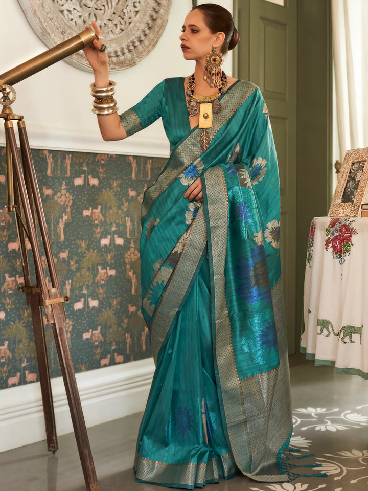 Cultivated Teal Blue Woven Silk Festival Wear Saree - Zeel Clothing