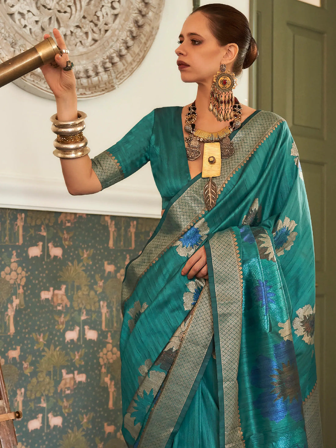 Cultivated Teal Blue Woven Silk Festival Wear Saree - Zeel Clothing