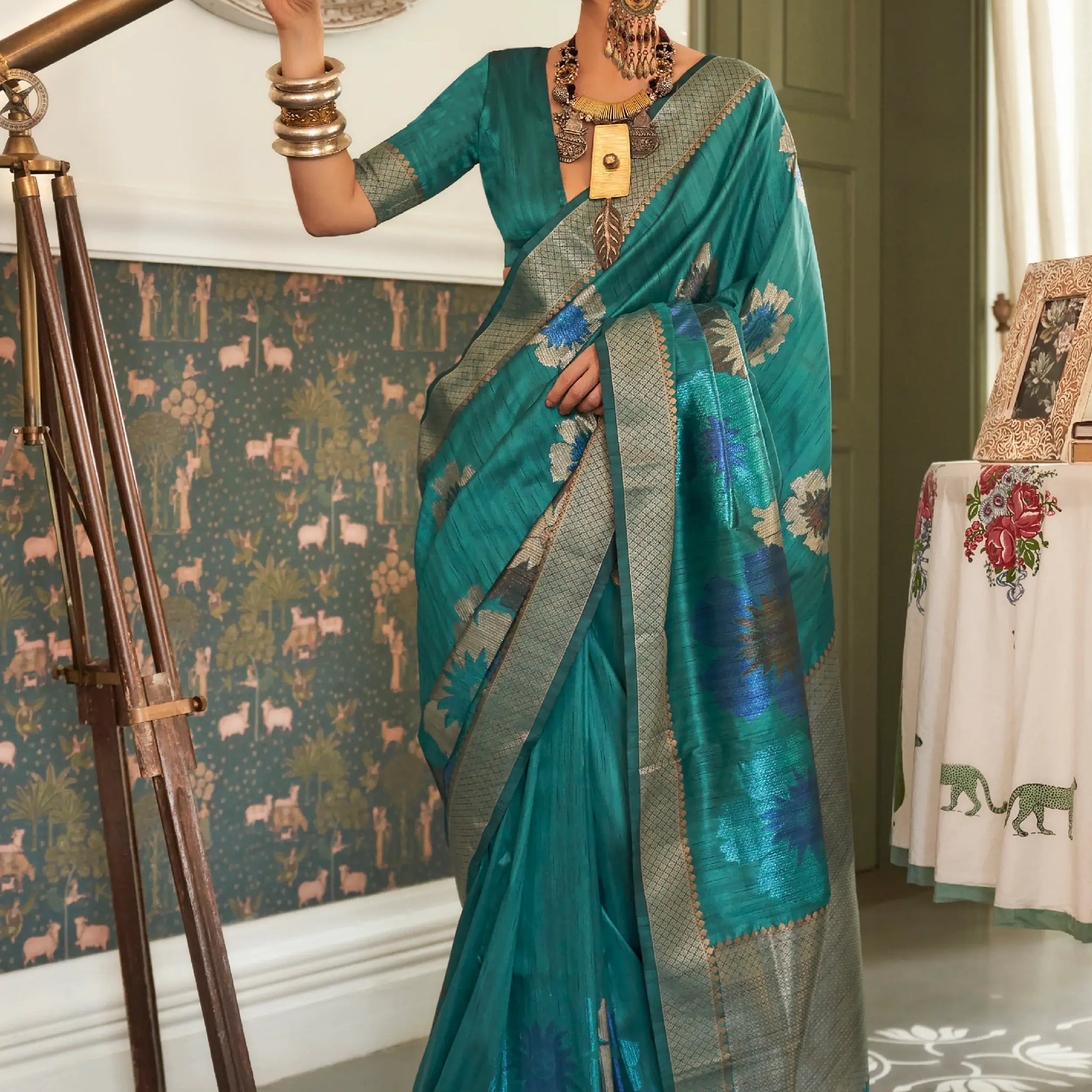 Cultivated Teal Blue Woven Silk Festival Wear Saree - Zeel Clothing