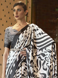 Cute Black & White Printed Satin Party Wear Saree With Blouse - Zeel Clothing