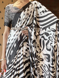 Cute Black & White Printed Satin Party Wear Saree With Blouse - Zeel Clothing